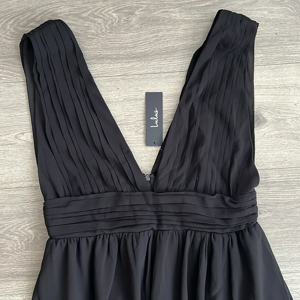 Lulus Heavenly Hues Maxi Dress Large Black Chiffon Side Slit Goddess Formal NWT - Picture 8 of 12